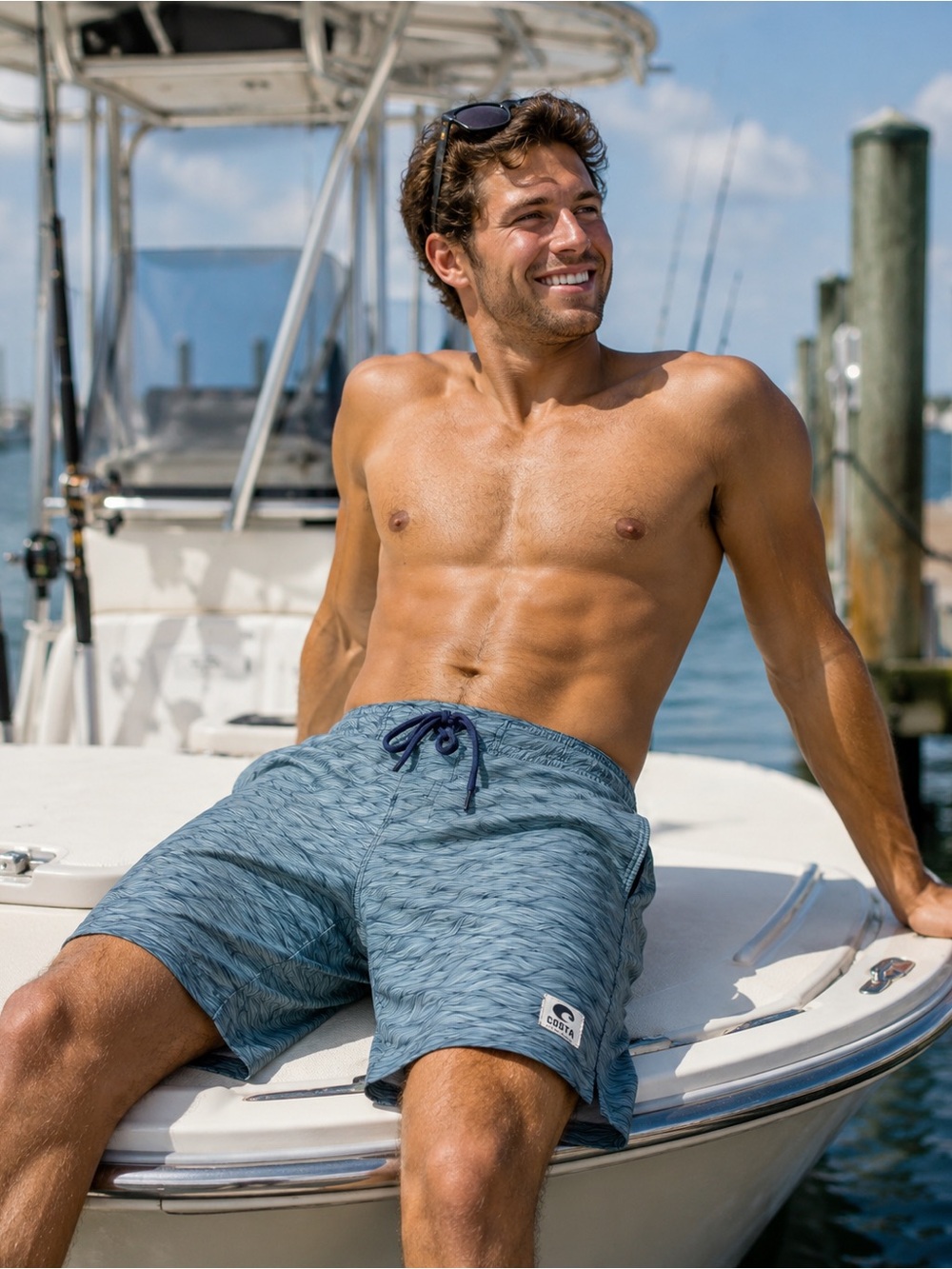Costa Del Mar Mens 40 Blue Wave Print Board Shorts Swim Trunks Fishing READ